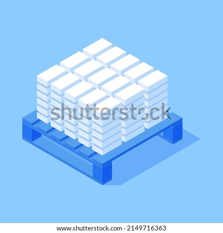 Pile of cement white bricks straight level on wooden pallet architectural industrial storage isometric vector illustration. Stack heavy construction material for building wholesale commercial supply