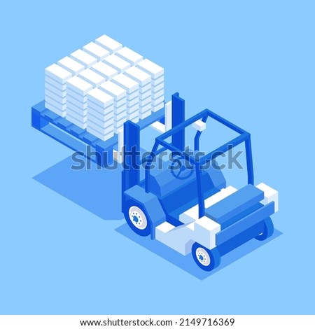 Forklift truck lifting stack of construction bricks isometric vector illustration. Commercial cargo building industrial supply delivery isolated. Machinery load logistic raising heavy goods stockpile