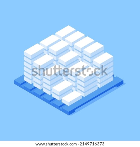 Isometric pile multilevel white cement bricks on wooden pallet construction wholesale commercial warehouse isometric vector illustration. Heap architectural material storage delivery pack