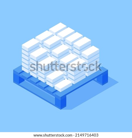 Industrial white rectangle heavy bricks on wooden pallet isometric vector illustration. Architecture material building structure supply warehouse storage delivery service manufacturing production