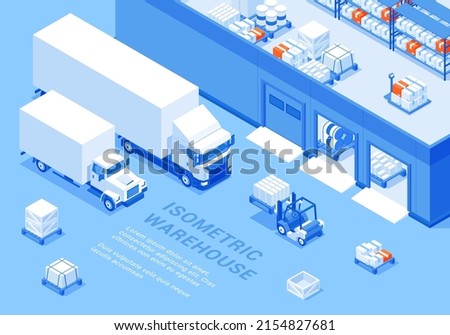 Warehouse cargo pallet storage truck transportation isometric banner with place for text vector illustration. Large storehouse building with forklift export import goods delivery distribution promo