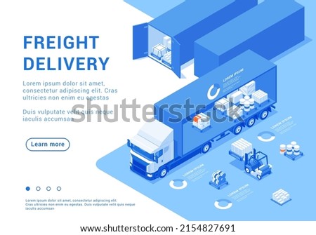 Freight unloading truck delivery logistic international service isometric landing page scheme vector illustration. Cargo shipment warehouse global import export transportation. Courier distribution