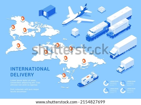 International delivery transportation global map location isometric banner vector illustration. World logistic network air cargo trucking rail maritime shipping. Import export service