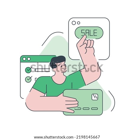 Male customer online shopping sale discount credit card payment vector flat illustration. Man choosing goods purchasing online retail digital store business marketing e commerce special offer