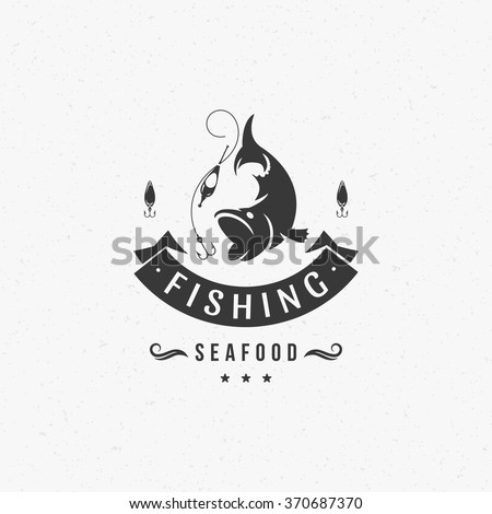 Fishing Club Logo Template. Two Fish and Hook Silhouette Isolated On White Background. Vector object for Labels, Badges, Logos. Fish Logo, Fisher Logo, Fish Silhouette, Hook Silhouette.