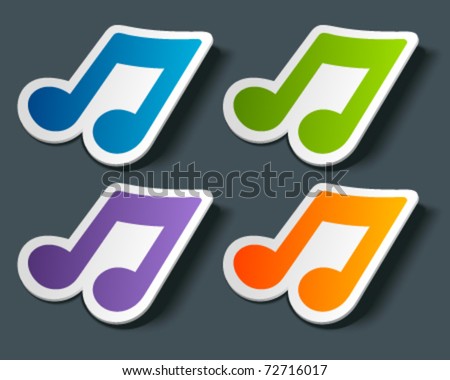 Vector music note icon on sticker set. Transparent shadow easy replace background and edit colors.