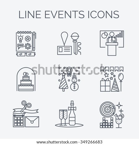 Thin line icons of events and special occasions organization.
Catering service agency, marketing agency. Graphic concept of event marketing. Website elements.