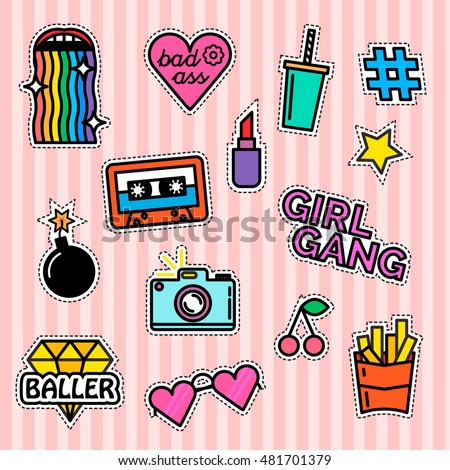 Set of fashion patches and badges. Modern slogans. Rainbow effect. Girl gang. Milkshake and fries.