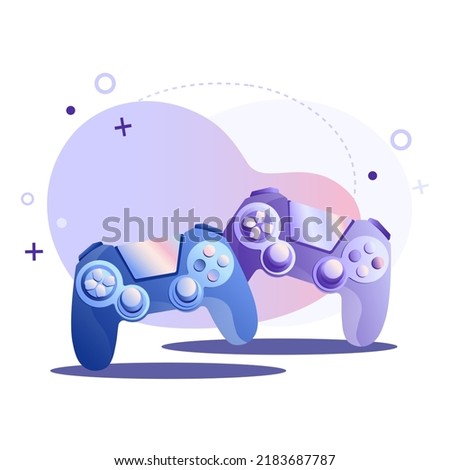 Flat vector illustration of video game controllers, joysticks or gamepad for game, disk and vr helmet on abstract background. Concept modern device, oculus controller for web banner, website and app