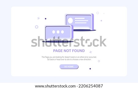 Page not found banner template. Design template for web page with 404 error. Flat illustration of speech message bubble icon on purple background