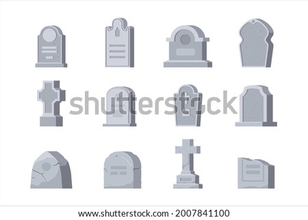 Cemetery set graveyard tombstone of different shape and form. Monochrome memory tomb, afterlife memorial with carved crucifix and cross for tomb, burial service vector illustration
