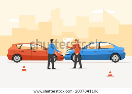 Angry man driver arguing after car traffic accident on road. Frustrated and annoying people yelling standing on roadside, driver conflict after auto collide crash vector illustration