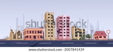 Ghetto street with ruined abandoned house and old building. Dilapidated dwellings stand on roadside, destroyed broken town ruins after explosion, natural disaster war or earthquake vector illustration Photo stock © 