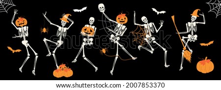 Funny happy halloween skeleton cartoon character. Halloween festive for banner, poster, greeting card, party invitation poster design with pumpkin, bat and spider web vector illustration on black