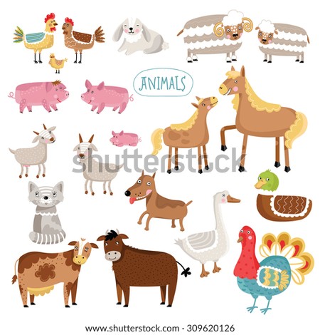 Vector illustration of farm animals. Cat, dog, cow, pig, duck and many other vector animals isolated on white background.