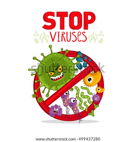 Stop viruses symbol. Cartoon viruses characters isolated vector illustration on white background. Cute fly germ virus infection character. Protection against viruses and diseases. Stop spread of virus