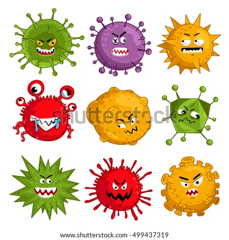 Cartoon virus character vector illustration on white background. Cute fly germ virus infection vector and funny micro bacteria character. Microbe, Pathogen, Virus icon. Funny isolated virus characters