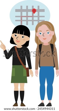 Full body illustration of a Japanese woman giving directions to a Western woman visiting Japan