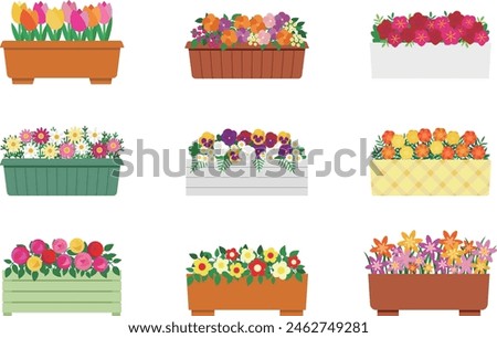 Illustration set of colorful cute flowers in a planter