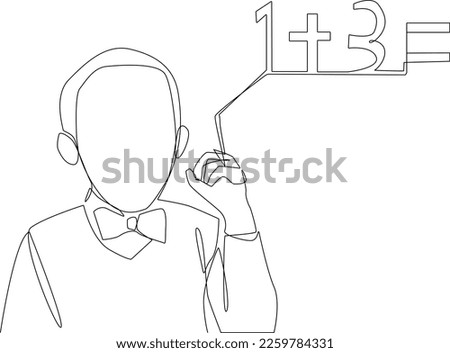 Single one line drawing happy kids boy writing solution of sums on white board. Math is fun concept. Continuous line draw design graphic vector illustration.