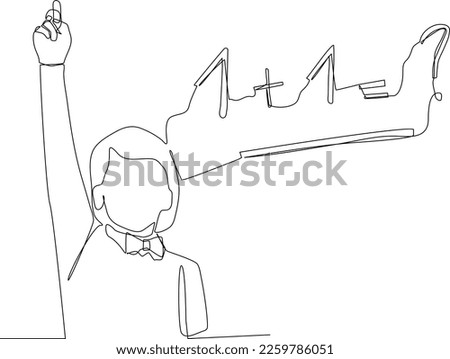 Single one line drawing happy girl writing solution of sums on white board. Math is fun concept. Continuous line draw design graphic vector illustration.