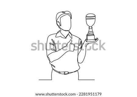 Single one-line drawing an employee gets the award and poses okay. Employee appreciation day concept. Continuous line drawing design graphic vector illustration.