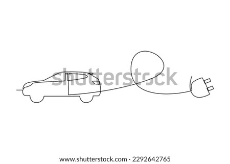 Continuous one line drawing Electric car with plug. Electric car concept. Single line draw design vector graphic illustration.
