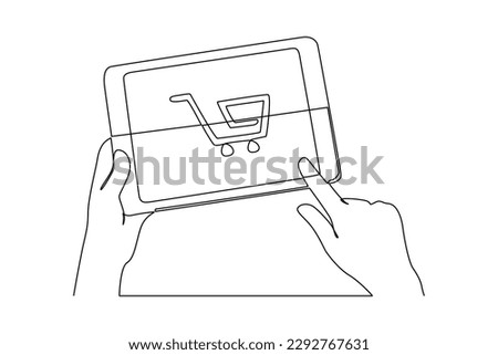 Single one line drawing online shopping with tablet and trolley. E-commerce concept. Continuous line draw design graphic vector illustration.