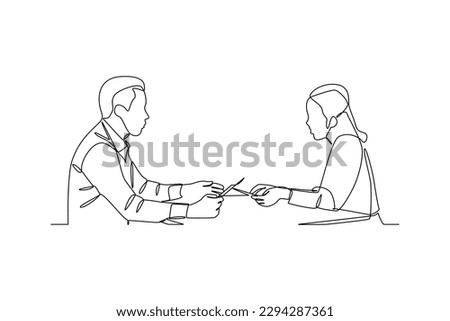 Continuous one line drawing Clerks Providing Service to Customers. Banking concept. Single line draw design vector graphic illustration.