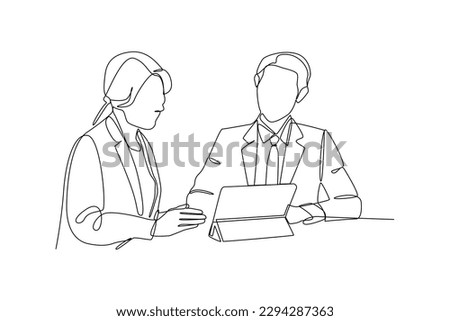 Continuous one line drawing Clerks Providing Service to Customers. Banking concept. Single line draw design vector graphic illustration.
