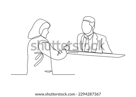 Continuous one line drawing Clerks Providing Service to Customers. Banking concept. Single line draw design vector graphic illustration.