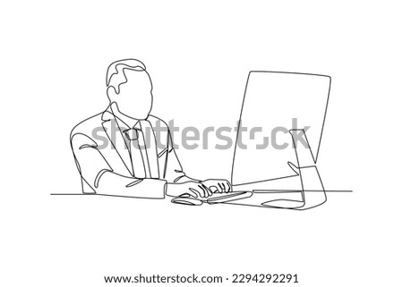 Continuous one line drawing Bank worker sitting at desk with computer. Banking concept. Single line draw design vector graphic illustration.