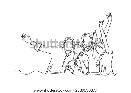 Continuous one line drawing of happy people group, welcoming and applauding concept. Doodle vector illustration in simple linear style. 