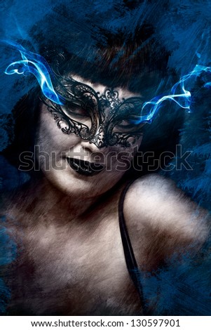 Artistic mysterious brunette woman in lingerie, blue smoke coming out of the eyes