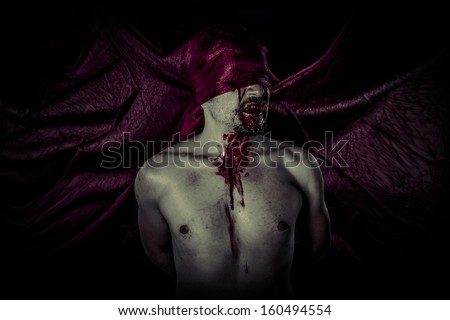 Carnival, Halloween, Blood, Scary, Male vampire with huge red coat and blood