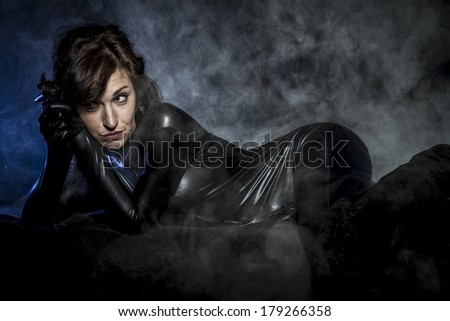 Future, Sexy brunette in black latex costume, Fashion shot of a woman in black glossy