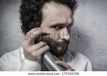 Clean, businessman with a spray, cleaning, man in white shirt with funny expressions