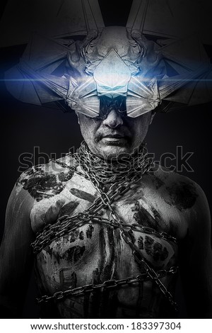 Alien, man chained with fantasy mask, fineart