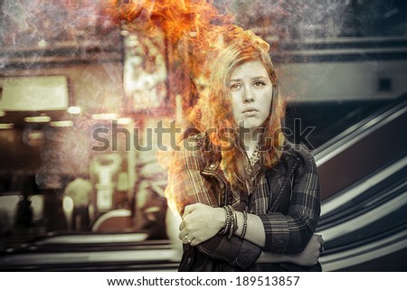 Danger, girl on fire in a train station, over time, risk