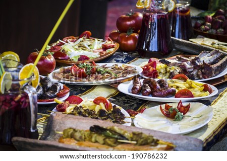 Mediterranean food plates, European cuisine, medieval fair in Spain