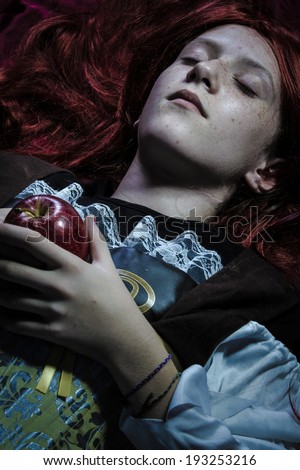 Magic, Teen with a red apple lying, tale scene