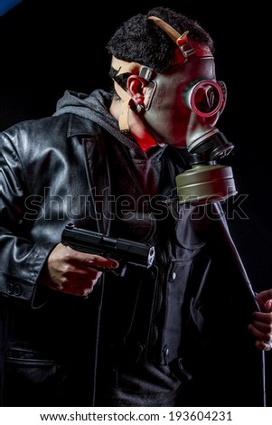 Officer, Private detective with bulletproof vest and gas mask