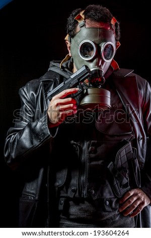 Private detective with bulletproof vest and gas mask, gear