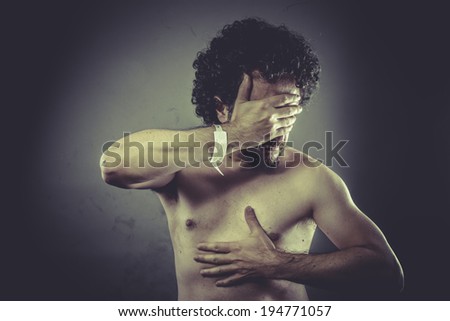 Concept caring, Nude Man with hospital bracelet.