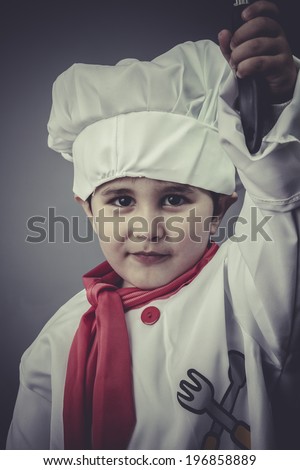 nutrition, child dress funny chef, cooking utensils