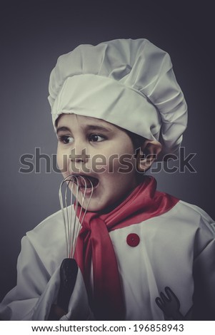 learning child dress funny chef, cooking utensils