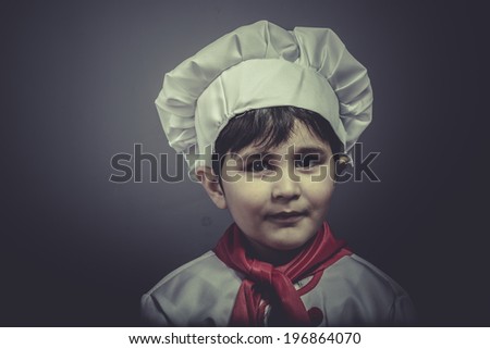 cuisine, child dress funny chef, cooking utensils
