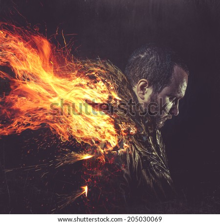 fallen angel, jacket man with golden feathers on the wings and fire