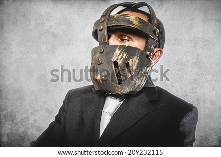 face, dangerous business man with iron mask and expressions