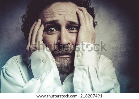businessman with very afraid, man in white shirt with funny expressions